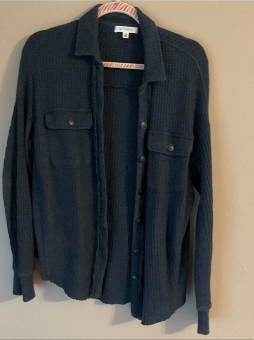 Button-Front Ribbed Shirt Jacket in navy